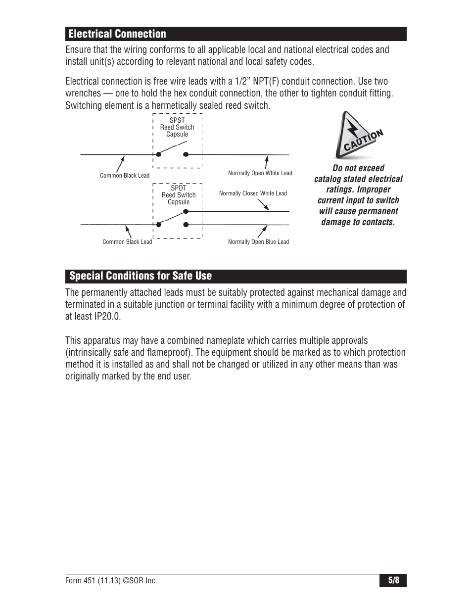 Special conditions for safe use, Electrical connection | SOR 1510 Side Mounted Level Switch User Manual | Page 5 / 8