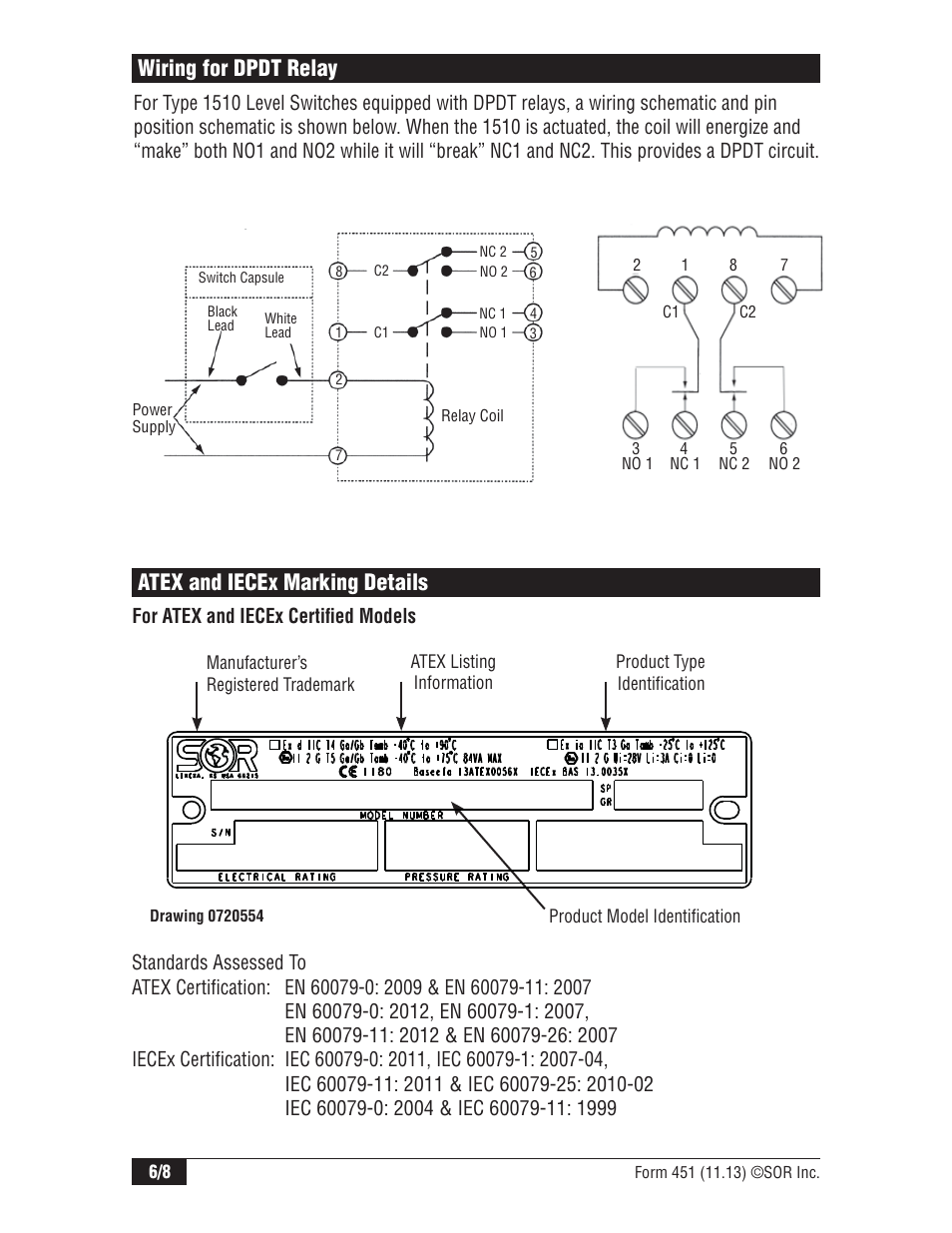 Atex and iecex marking details, Wiring for dpdt relay | SOR 1510 Side Mounted Level Switch User Manual | Page 6 / 8