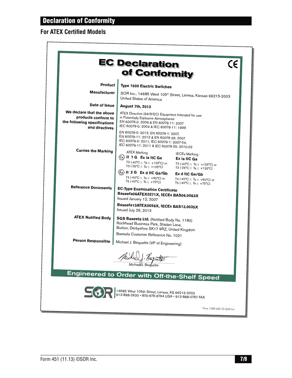 Ec declaration of conformity, Declaration of conformity, For atex certifi ed models | Engineered to order with off-the-shelf speed | SOR 1510 Side Mounted Level Switch User Manual | Page 7 / 8