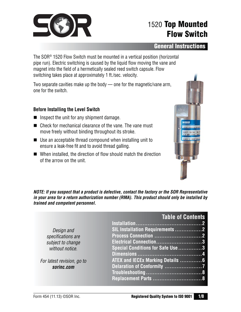 SOR 1520 OEM Flow Switch User Manual | 8 pages