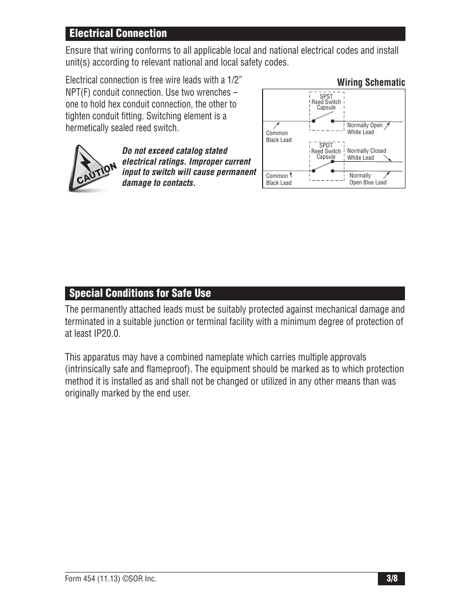 Electrical connection, Special conditions for safe use, Wiring schematic | SOR 1520 OEM Flow Switch User Manual | Page 3 / 8