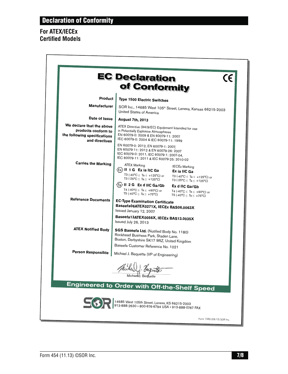 Ec declaration of conformity, Declaration of conformity, For atex/iecex certifi ed models | Engineered to order with off-the-shelf speed | SOR 1520 OEM Flow Switch User Manual | Page 7 / 8