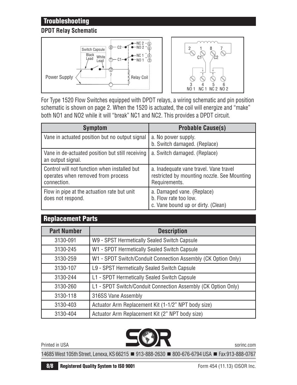 Replacement parts, Troubleshooting, Part number description | Dpdt relay schematic symptom probable cause(s) | SOR 1520 OEM Flow Switch User Manual | Page 8 / 8