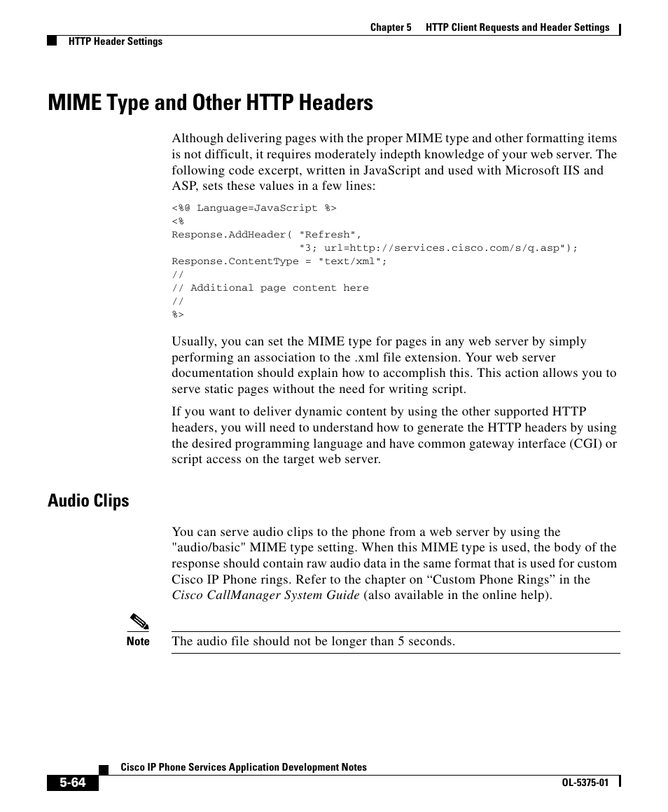 Mime type and other http headers, Audio clips, Sectio | Cisco OL-5375-01 User Manual | Page 4 / 8