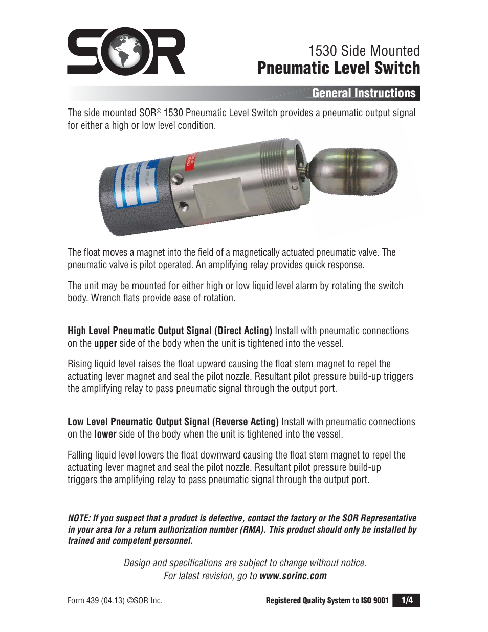 SOR 1530 Pneumatic Level Switch User Manual | 4 pages