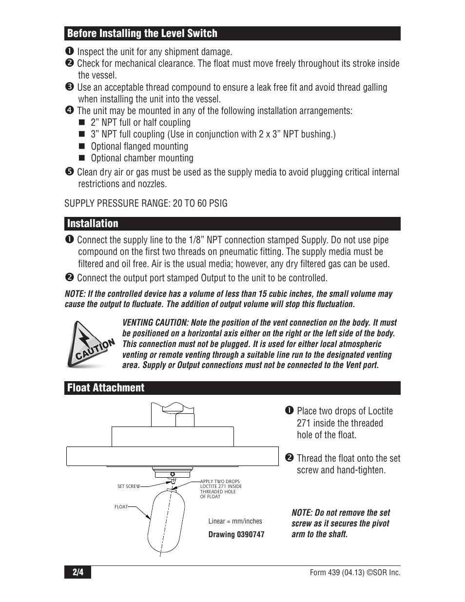 SOR 1530 Pneumatic Level Switch User Manual | Page 2 / 4
