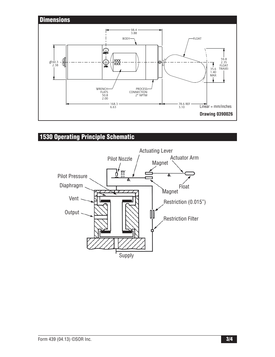 Dimensions, 1530 operating principle schematic | SOR 1530 Pneumatic Level Switch User Manual | Page 3 / 4