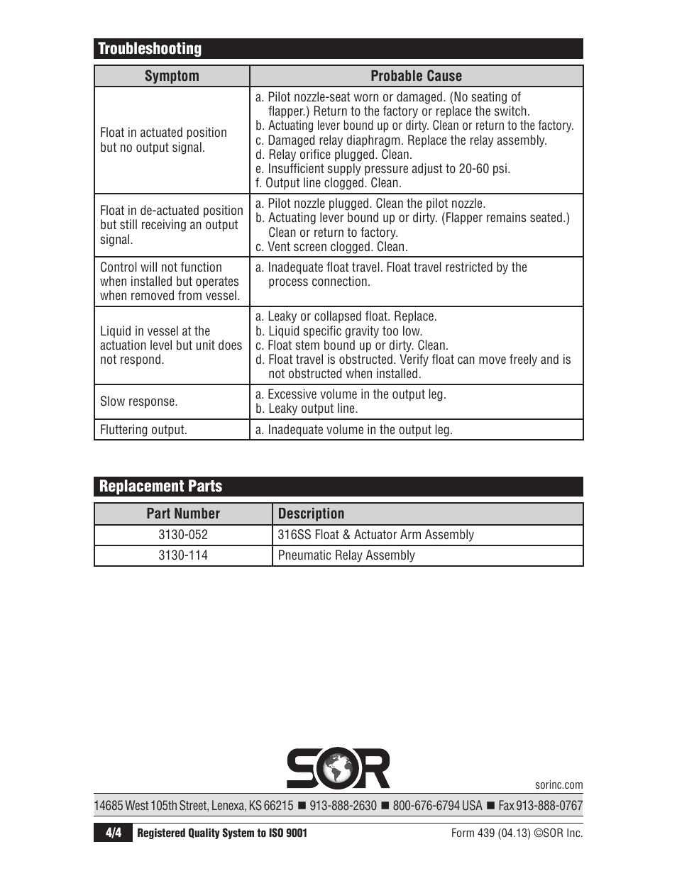 Replacement parts, Troubleshooting | SOR 1530 Pneumatic Level Switch User Manual | Page 4 / 4