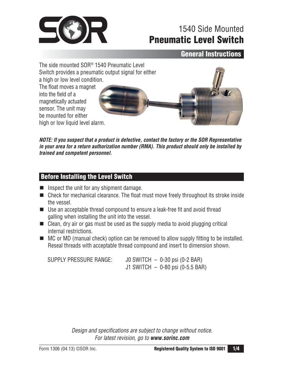 SOR 1540 Side Mounted Non-Bleed Pneumatic Level Switch User Manual | 4 pages