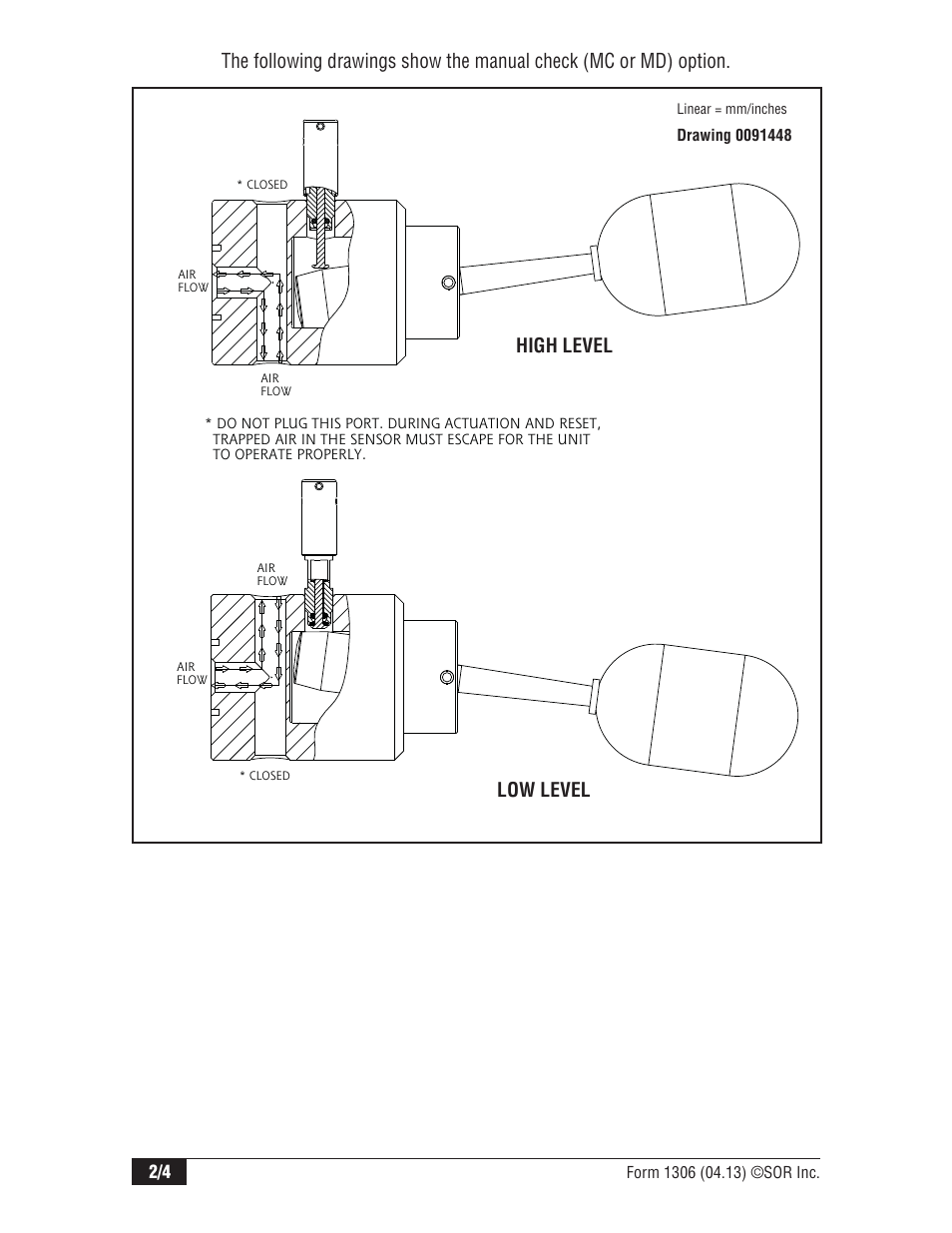 Low level high level | SOR 1540 Side Mounted Non-Bleed Pneumatic Level Switch User Manual | Page 2 / 4