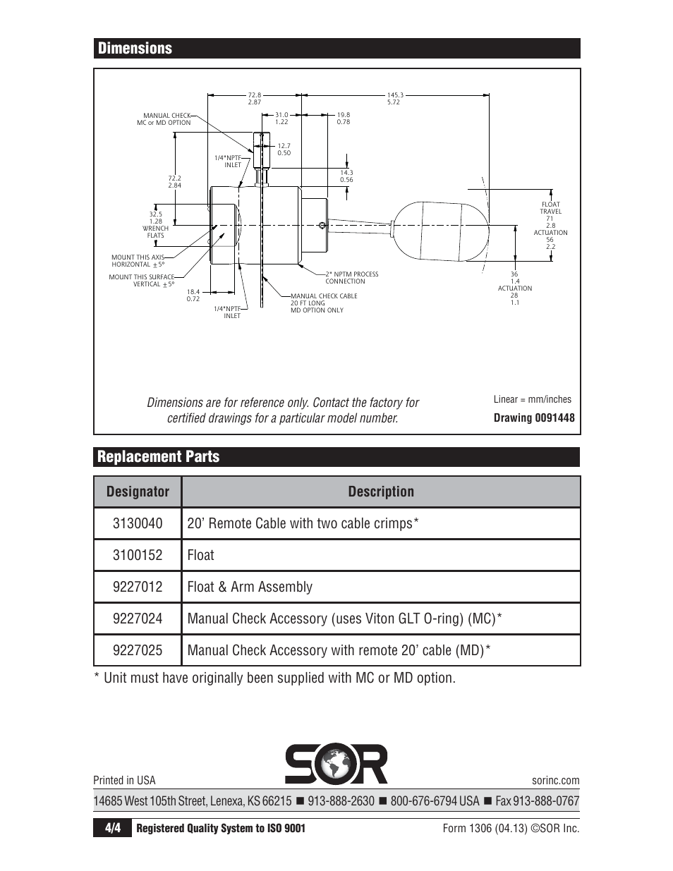 Replacement parts, Dimensions | SOR 1540 Side Mounted Non-Bleed Pneumatic Level Switch User Manual | Page 4 / 4