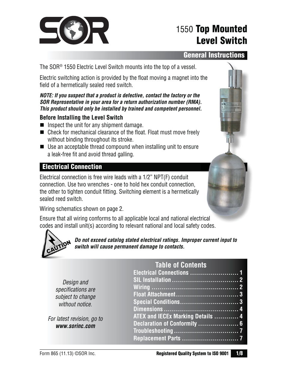 SOR 1550 Top Mounted Level Switch User Manual | 8 pages