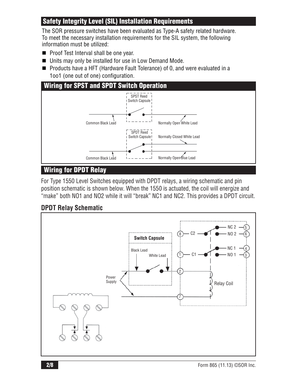Wiring for dpdt relay dpdt relay schematic | SOR 1550 Top Mounted Level Switch User Manual | Page 2 / 8