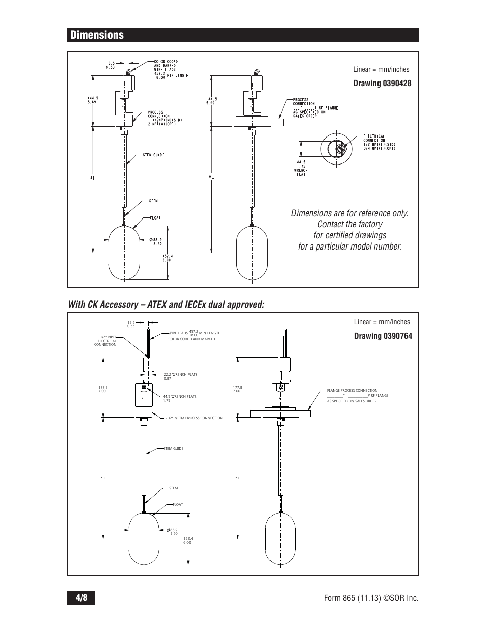 Dimensions, With ck accessory – atex and iecex dual approved, Linear = mm/inches | SOR 1550 Top Mounted Level Switch User Manual | Page 4 / 8