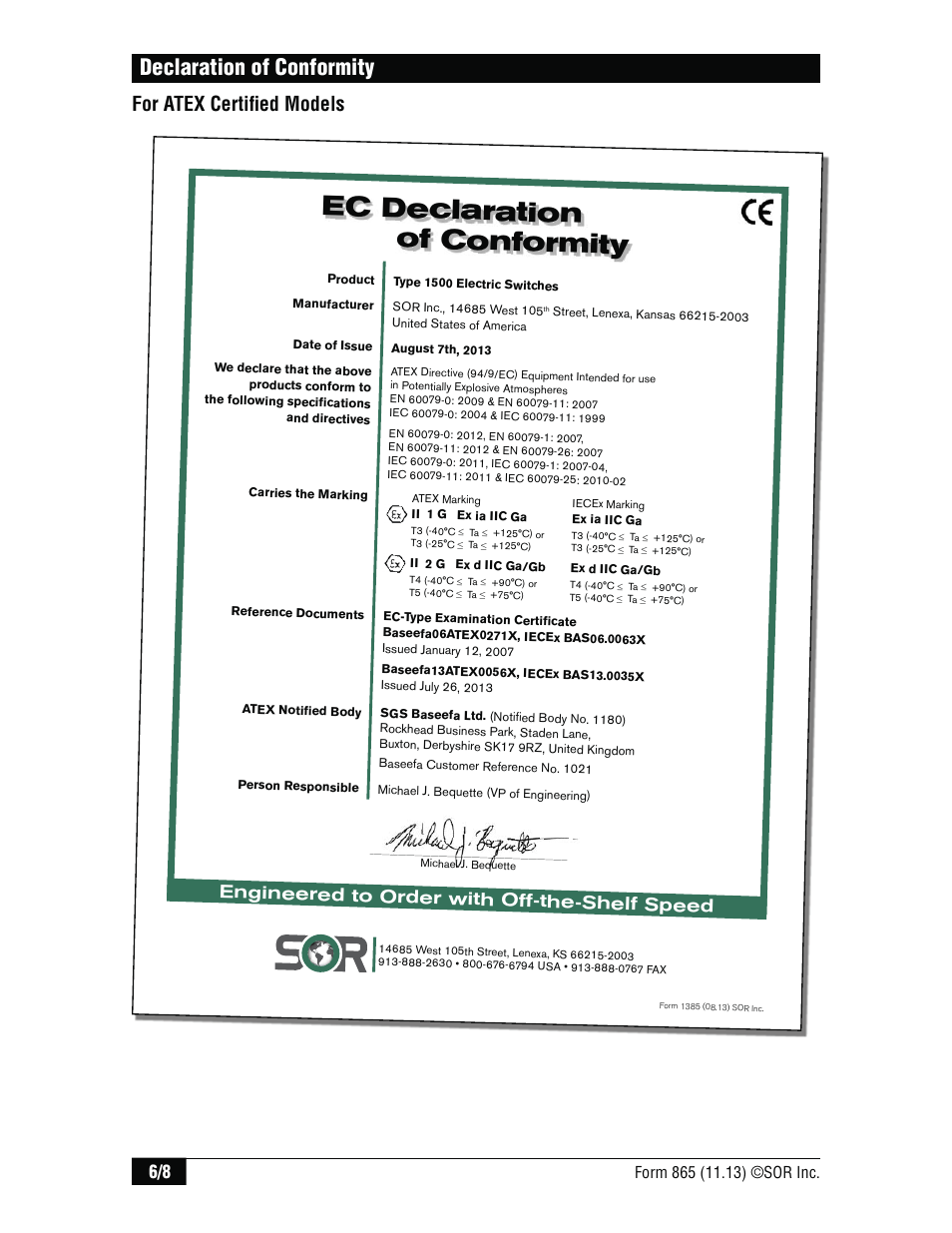 Ec declaration of conformity, Declaration of conformity, For atex certifi ed models | Engineered to order with off-the-shelf speed | SOR 1550 Top Mounted Level Switch User Manual | Page 6 / 8