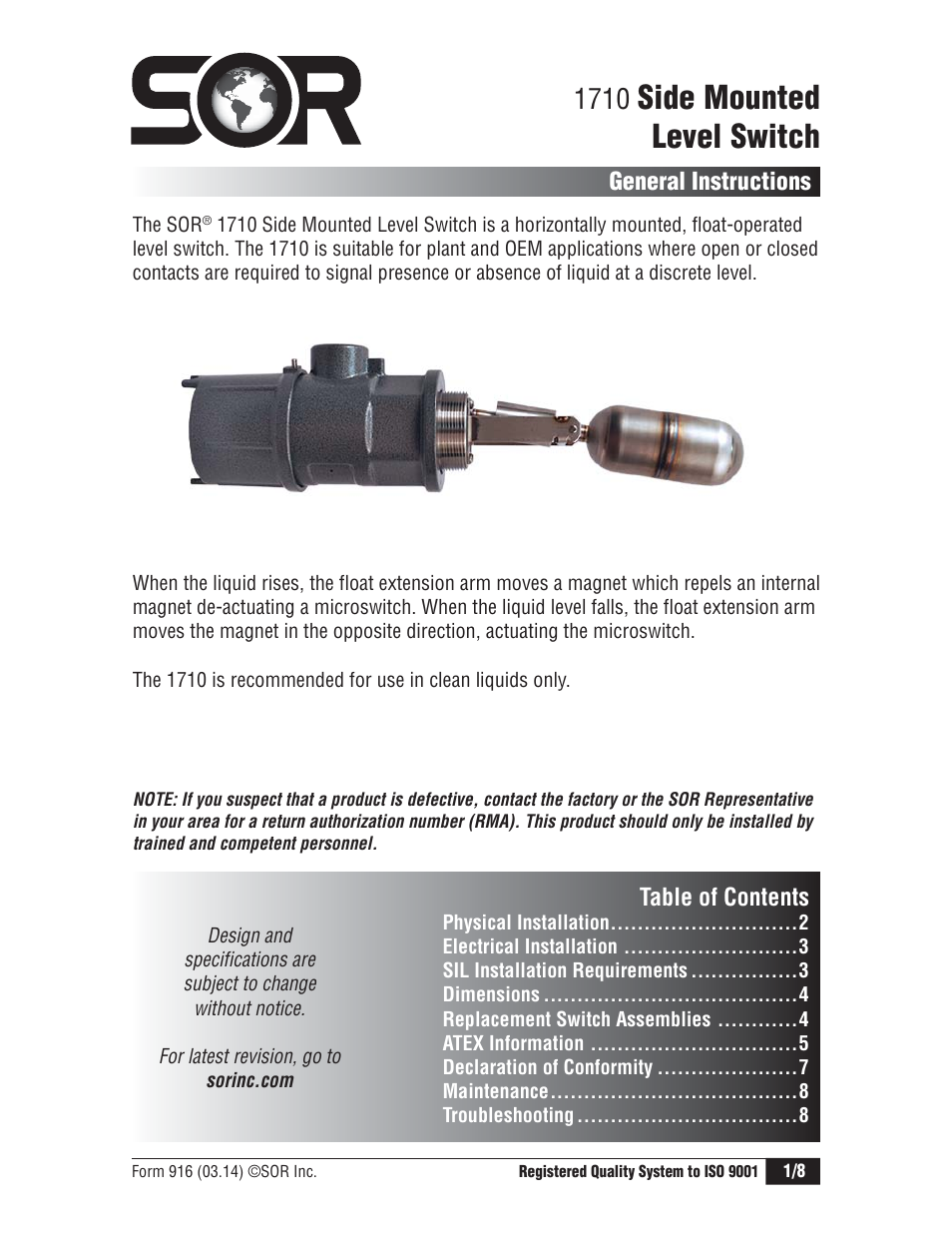 SOR 1710 Compact Level Switch User Manual | 8 pages