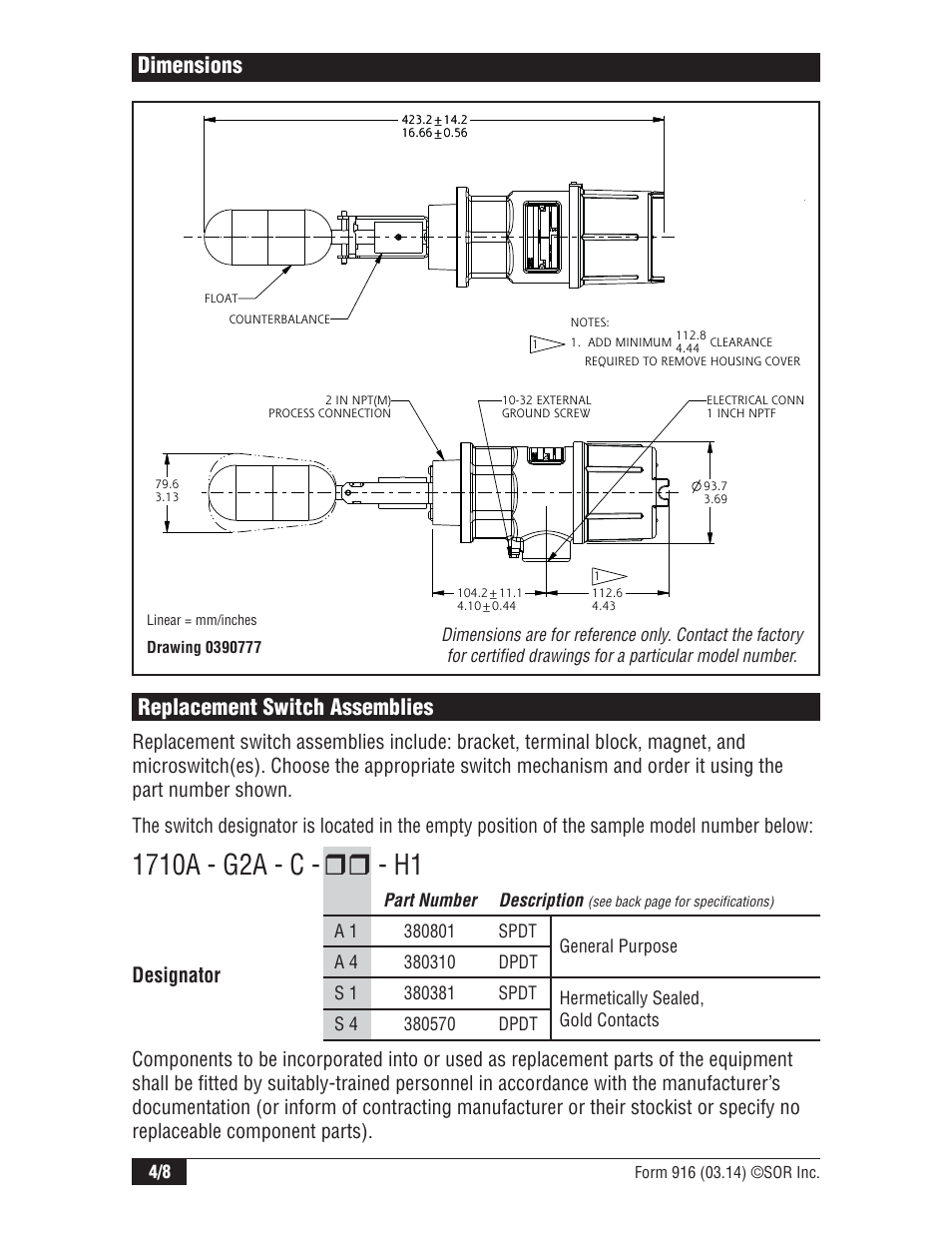 Dimensions, Replacement switch assemblies | SOR 1710 Compact Level Switch User Manual | Page 4 / 8