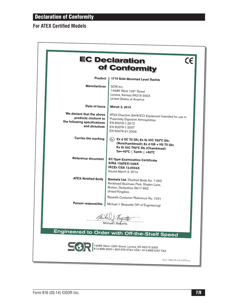 Ec declaration of conformity, Declaration of conformity, For atex certifi ed models | Engineered to order with off-the-shelf speed | SOR 1710 Compact Level Switch User Manual | Page 7 / 8