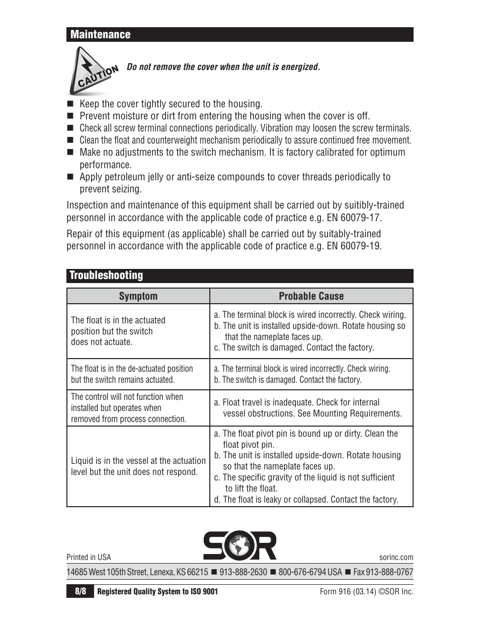 SOR 1710 Compact Level Switch User Manual | Page 8 / 8