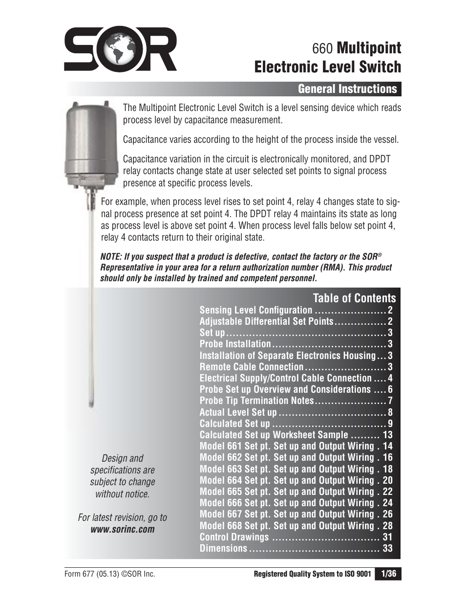 SOR Multi Point RF Level Switch User Manual | 36 pages