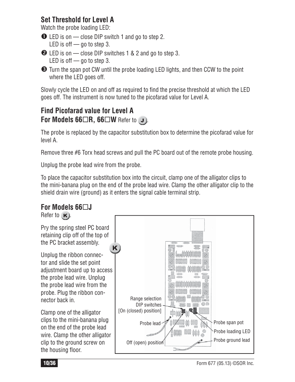 Set threshold for level a, For models 66  j | SOR Multi Point RF Level Switch User Manual | Page 10 / 36