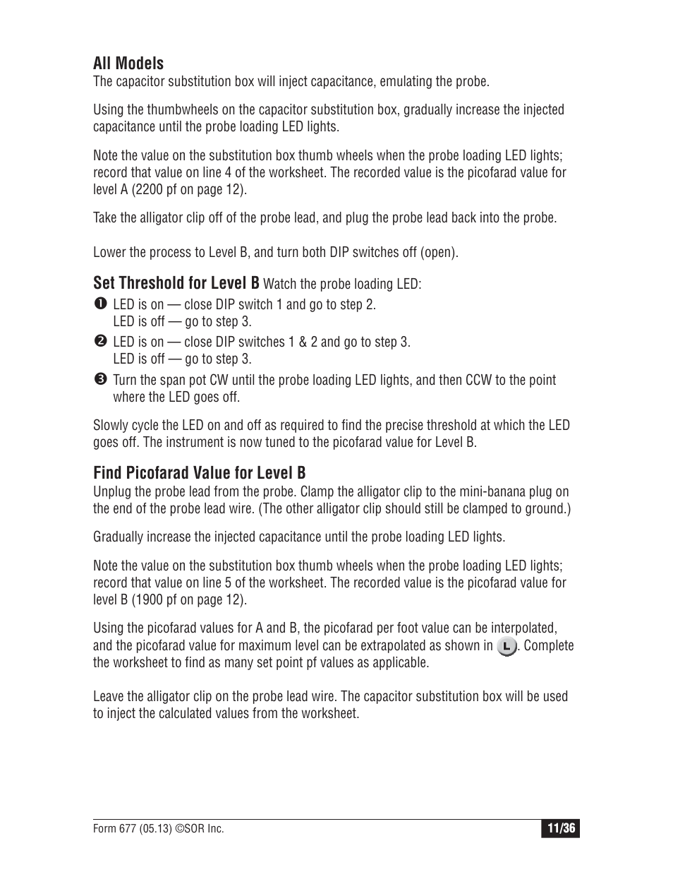 All models, Set threshold for level b, Find picofarad value for level b | SOR Multi Point RF Level Switch User Manual | Page 11 / 36