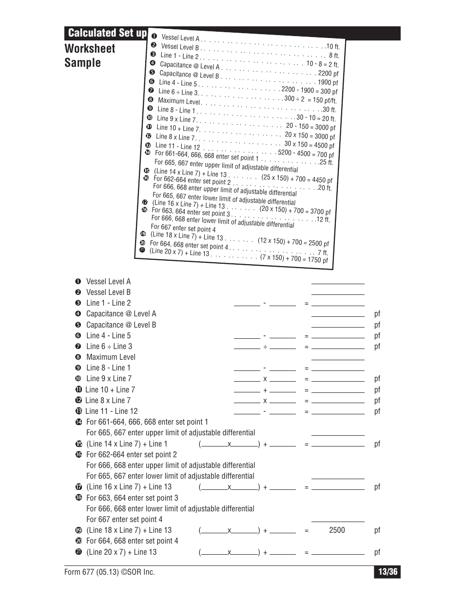 Worksheet sample, Calculated set up | SOR Multi Point RF Level Switch User Manual | Page 13 / 36