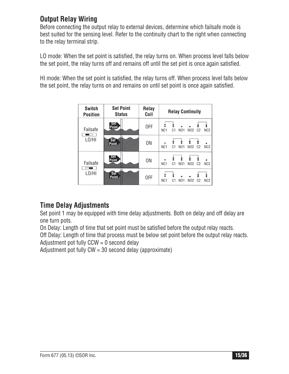 Time delay adjustments, Output relay wiring | SOR Multi Point RF Level Switch User Manual | Page 15 / 36