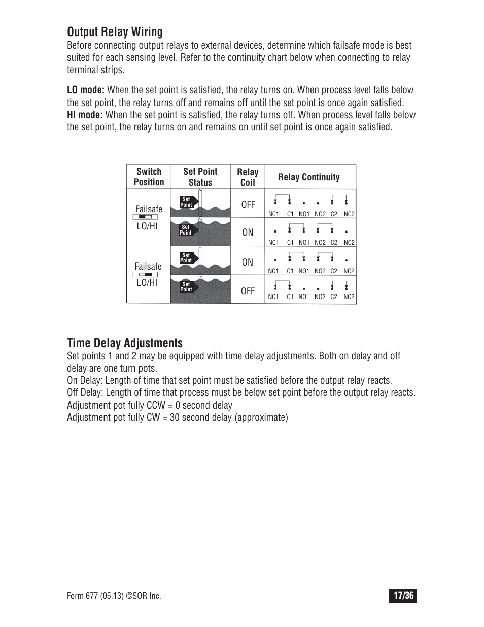 Output relay wiring, Time delay adjustments | SOR Multi Point RF Level Switch User Manual | Page 17 / 36