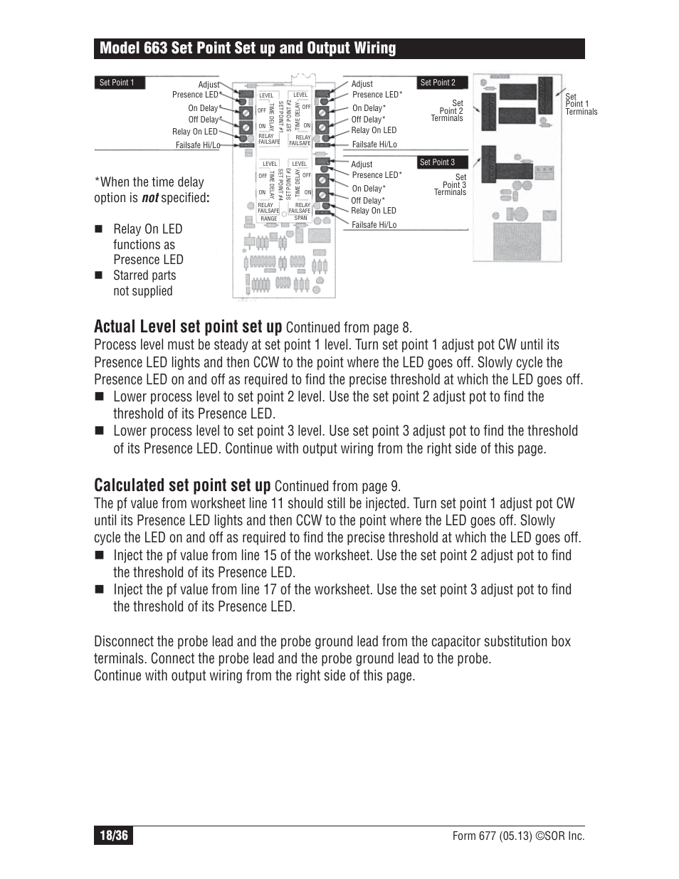 Actual level set point set up, Calculated set point set up, Model 663 set point set up and output wiring | SOR Multi Point RF Level Switch User Manual | Page 18 / 36