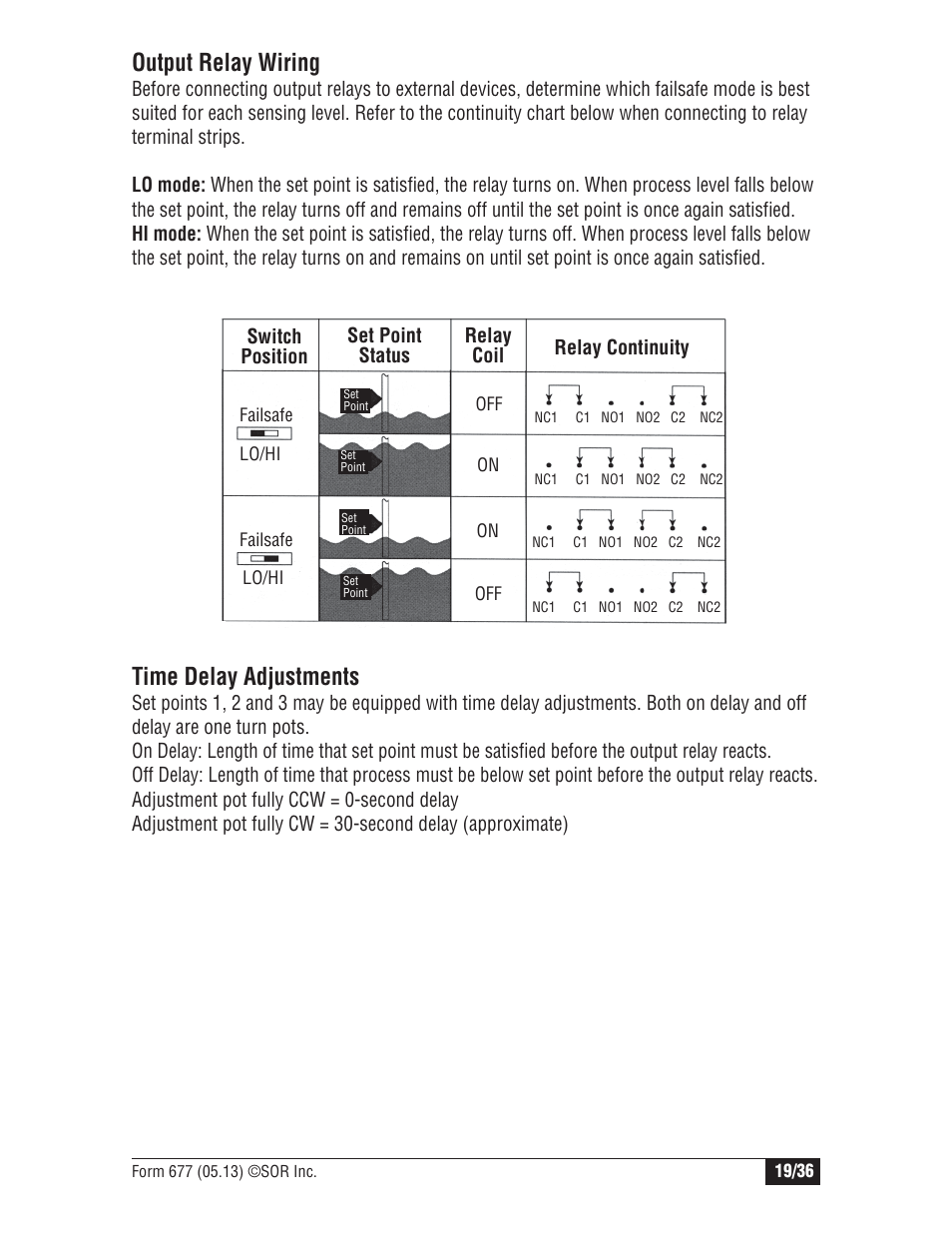 Output relay wiring, Time delay adjustments | SOR Multi Point RF Level Switch User Manual | Page 19 / 36