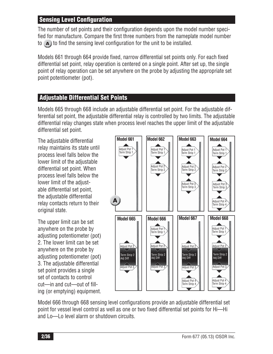 Adjustable differential set points, Sensing level confi guration | SOR Multi Point RF Level Switch User Manual | Page 2 / 36