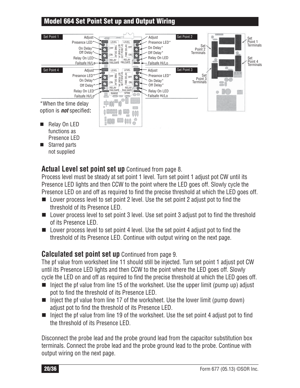 Actual level set point set up, Calculated set point set up, Model 664 set point set up and output wiring | SOR Multi Point RF Level Switch User Manual | Page 20 / 36