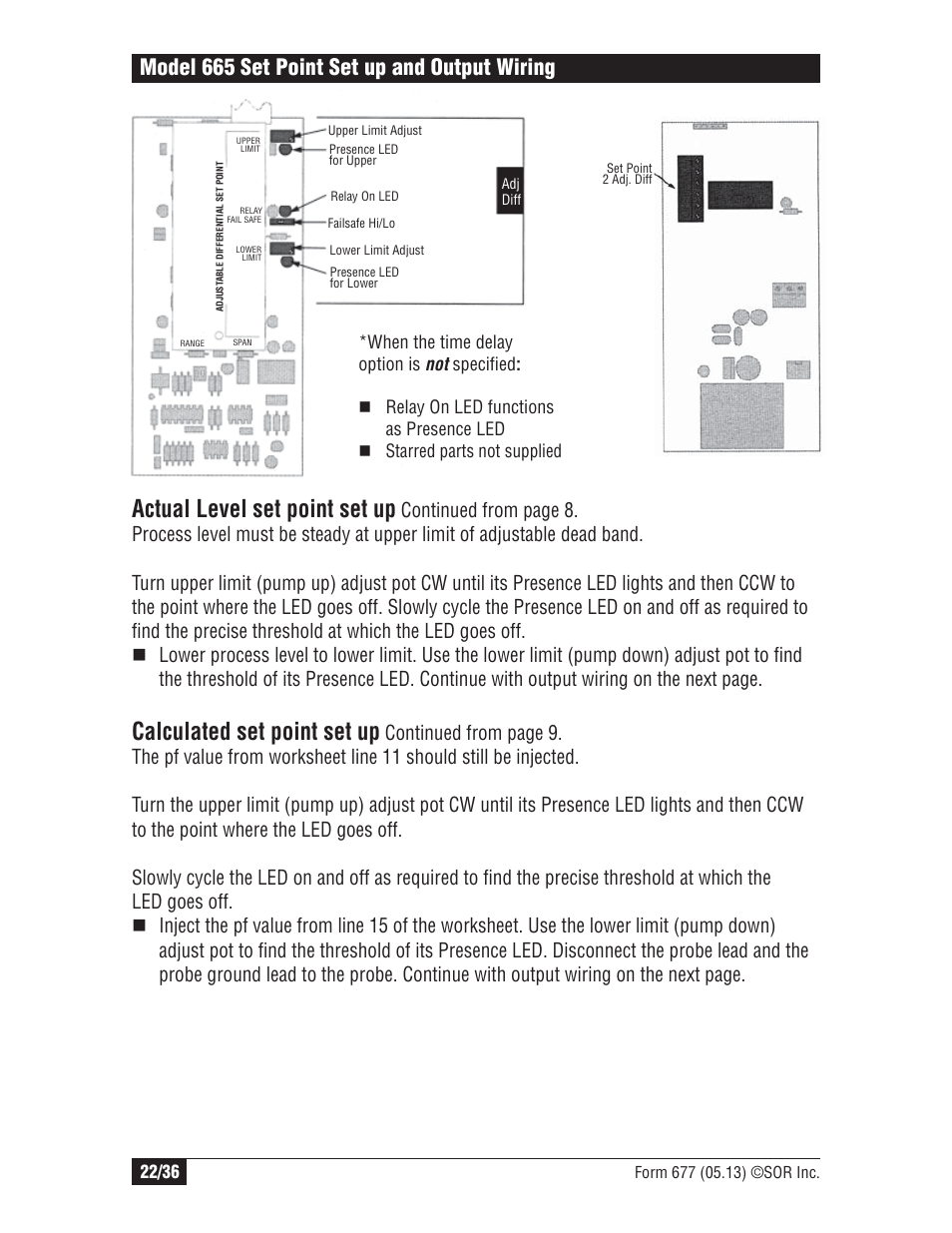 Actual level set point set up, Calculated set point set up, Model 665 set point set up and output wiring | SOR Multi Point RF Level Switch User Manual | Page 22 / 36