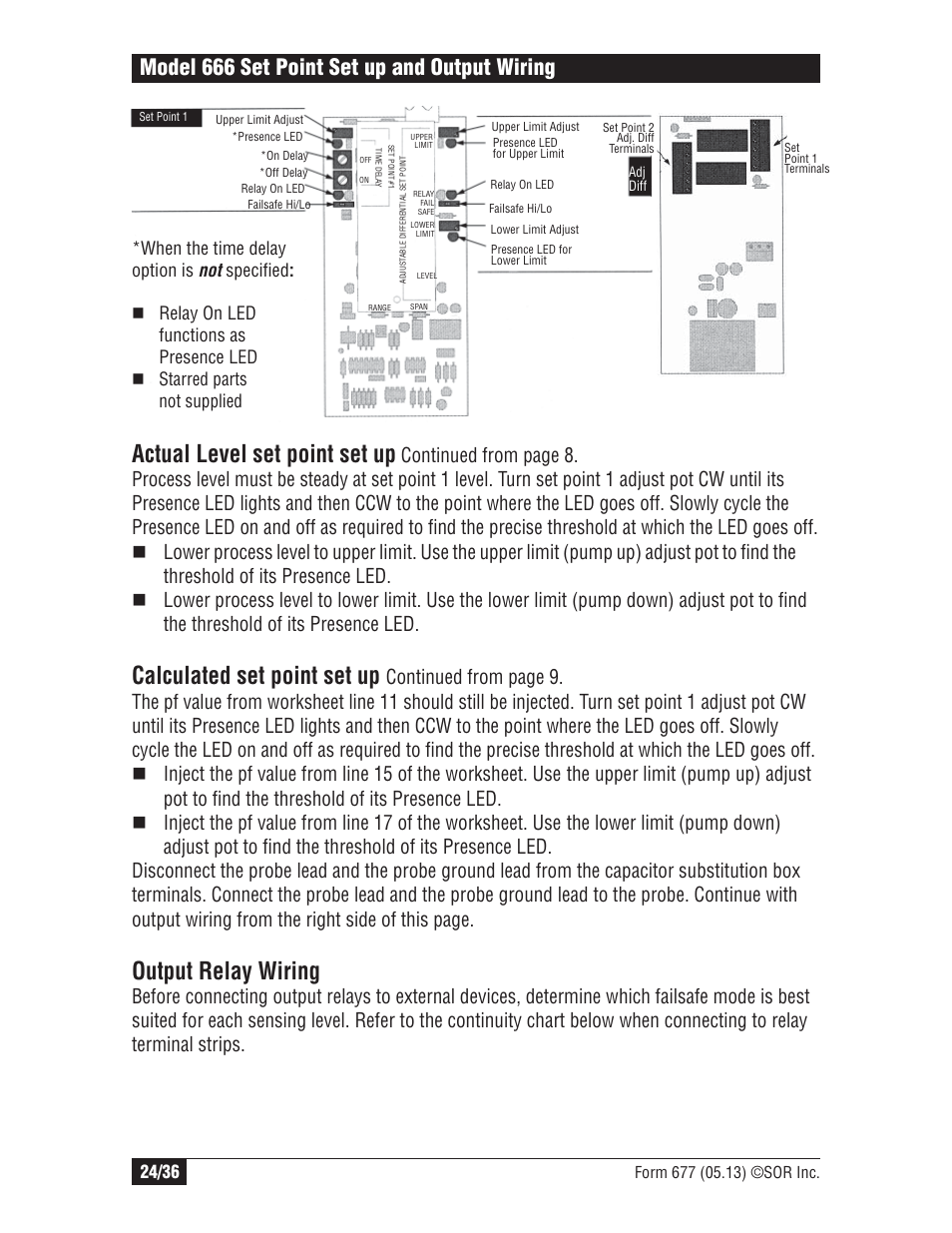 Actual level set point set up, Calculated set point set up, Output relay wiring | Model 666 set point set up and output wiring | SOR Multi Point RF Level Switch User Manual | Page 24 / 36