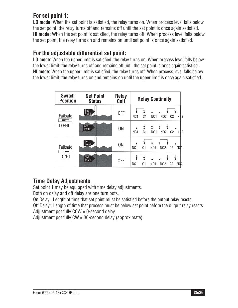 Time delay adjustments, For set point 1, For the adjustable differential set point | SOR Multi Point RF Level Switch User Manual | Page 25 / 36