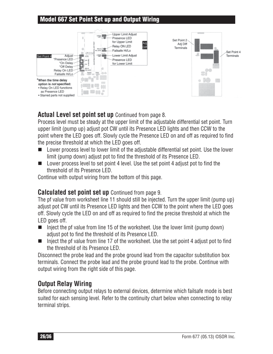 Actual level set point set up, Calculated set point set up, Output relay wiring | SOR Multi Point RF Level Switch User Manual | Page 26 / 36