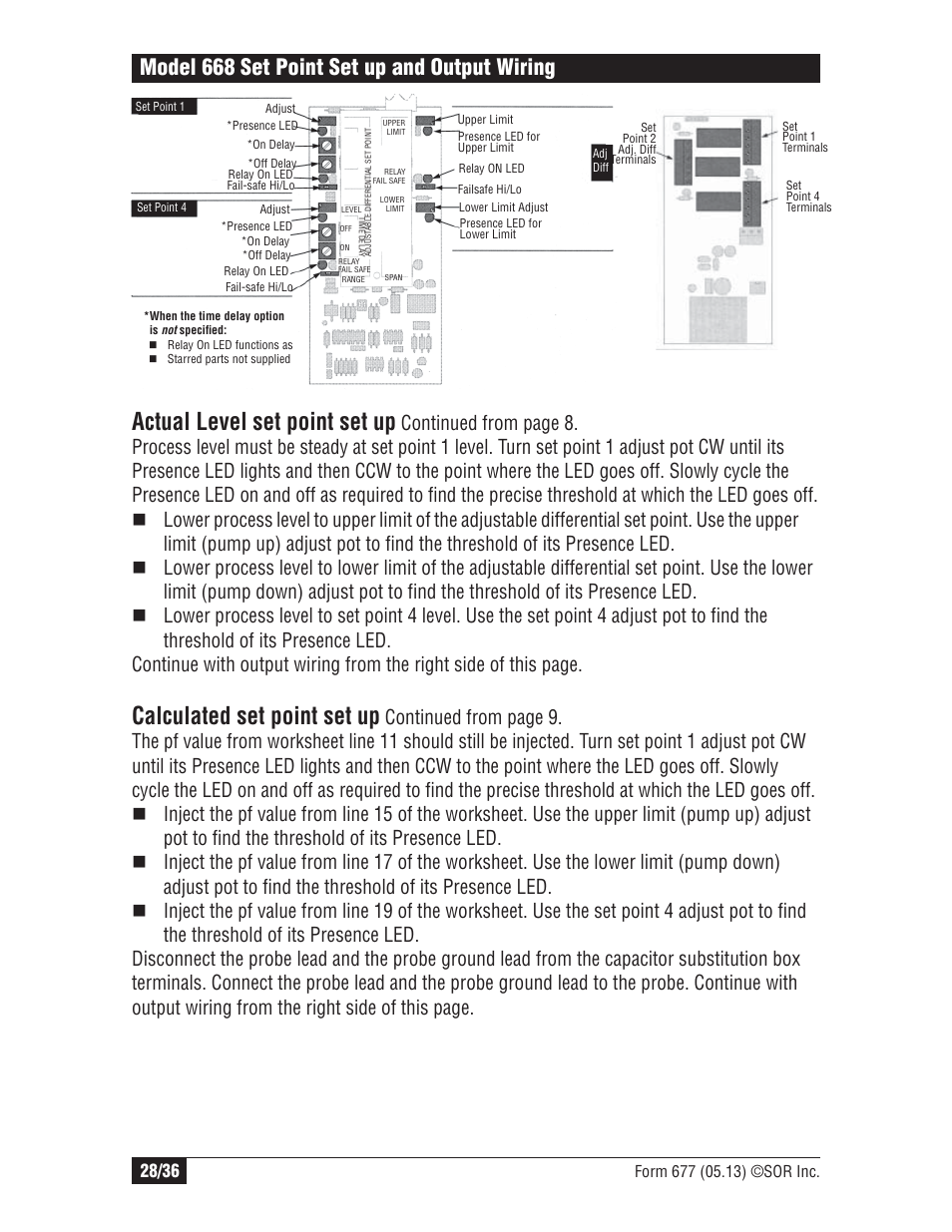 Actual level set point set up, Calculated set point set up, Model 668 set point set up and output wiring | SOR Multi Point RF Level Switch User Manual | Page 28 / 36