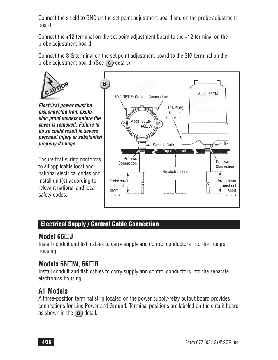 Model 66  j, Models 66  w, 66  r, All models | Electrical supply / control cable connection | SOR Multi Point RF Level Switch User Manual | Page 4 / 36