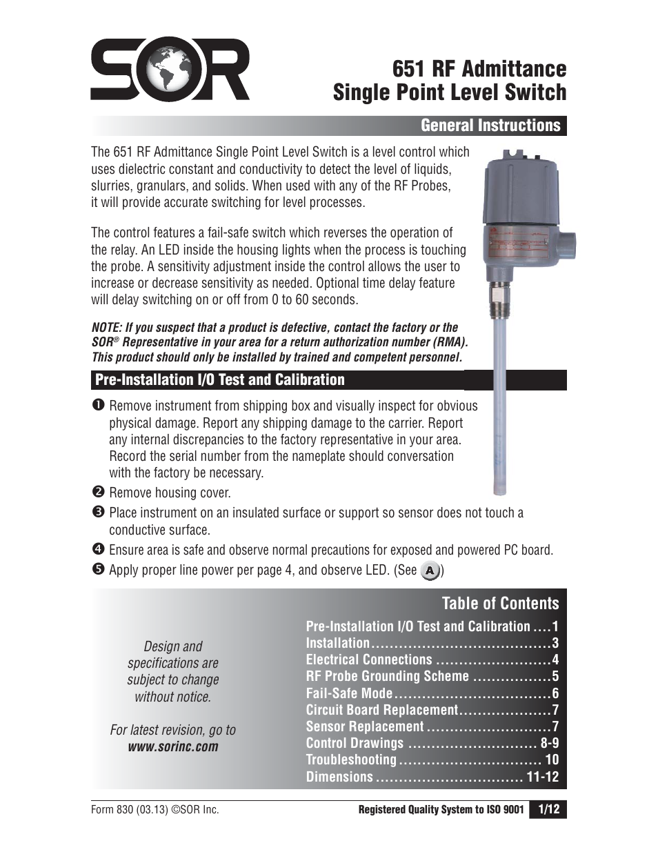 SOR Single Point RF Level Switch User Manual | 12 pages