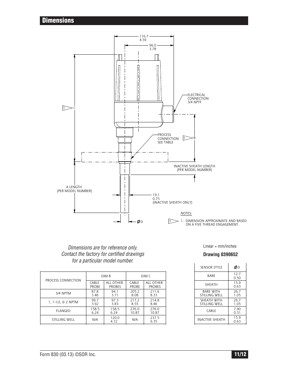 Dimensions | SOR Single Point RF Level Switch User Manual | Page 11 / 12