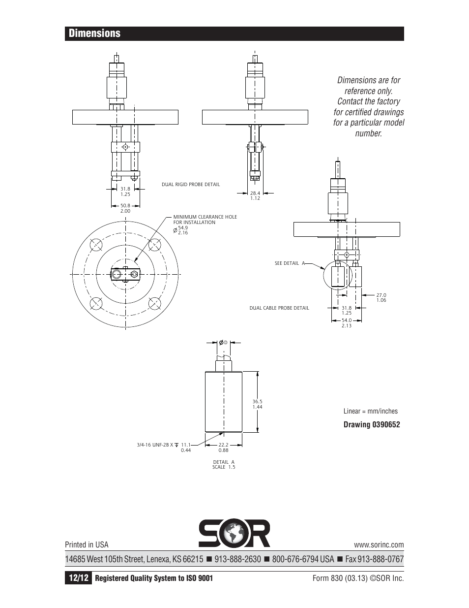 Dimensions | SOR Single Point RF Level Switch User Manual | Page 12 / 12
