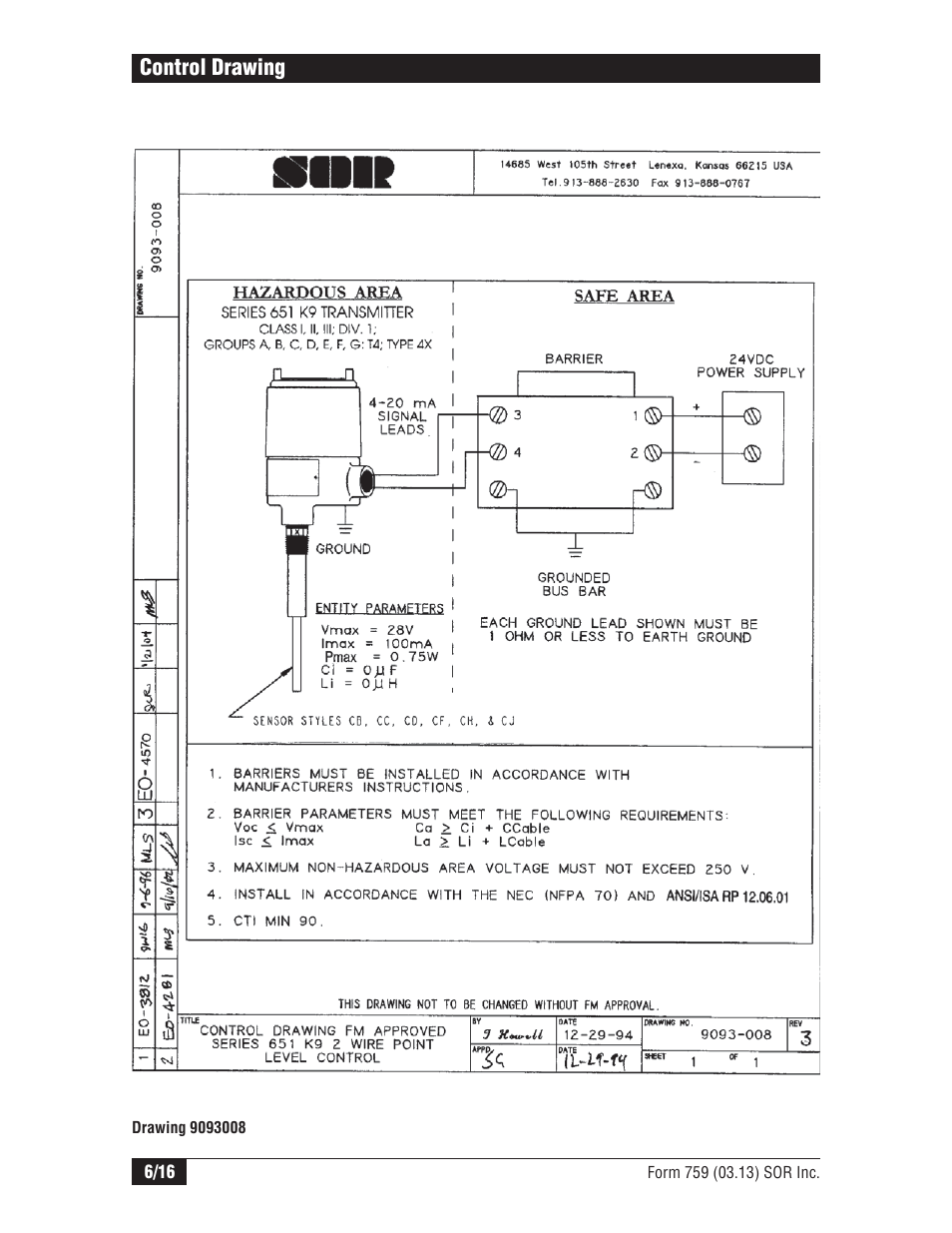 Control drawing | SOR Single Point RF Level Switch User Manual | Page 6 / 16