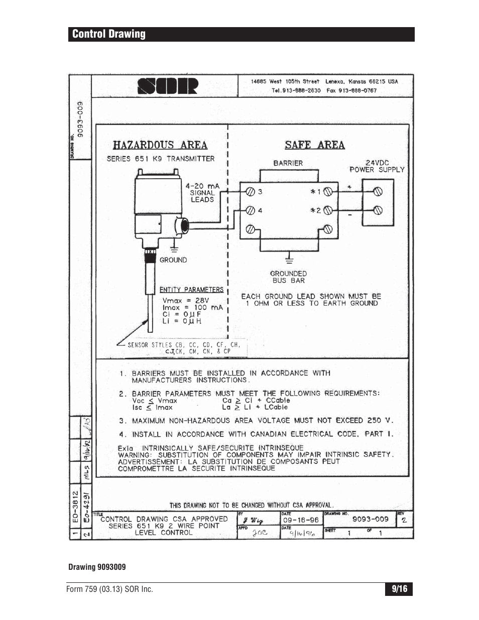 Control drawing | SOR Single Point RF Level Switch User Manual | Page 9 / 16