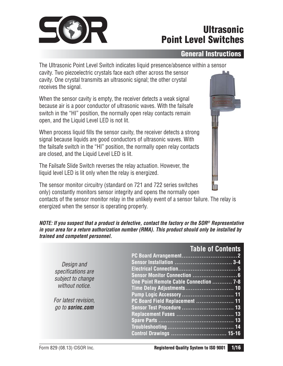 SOR Single Point Ultrasonic Level Switch User Manual | 16 pages