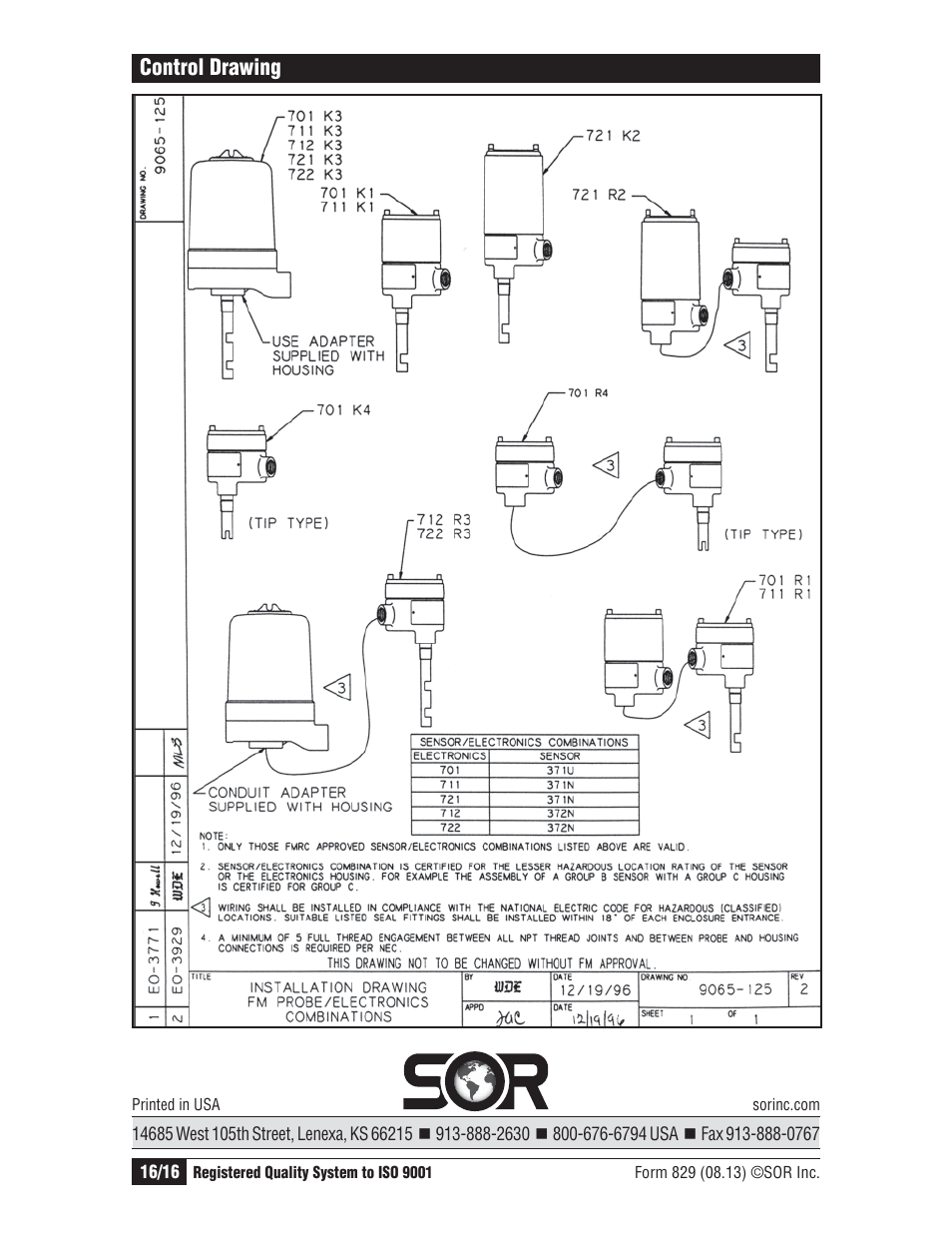 Control drawing | SOR Single Point Ultrasonic Level Switch User Manual | Page 16 / 16