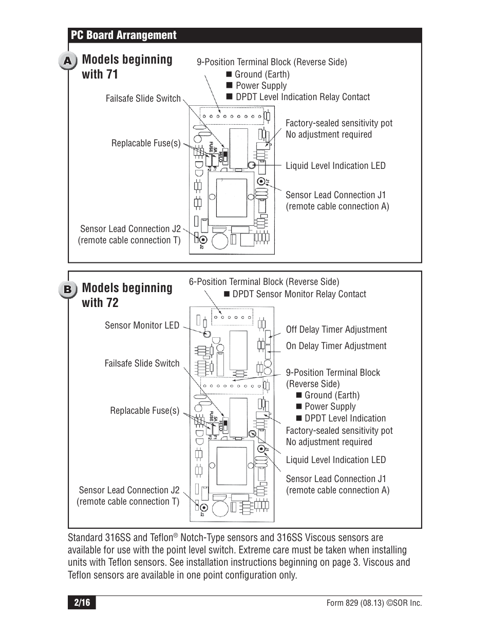 Models beginning with 71 models beginning with 72, Pc board arrangement | SOR Single Point Ultrasonic Level Switch User Manual | Page 2 / 16