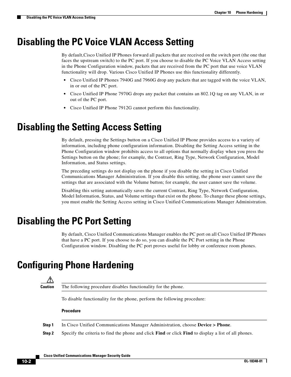 Disabling the pc voice vlan access setting, Disabling the setting access setting, Disabling the pc port setting | Configuring phone hardening | Cisco OL-18348-01 User Manual | Page 2 / 4