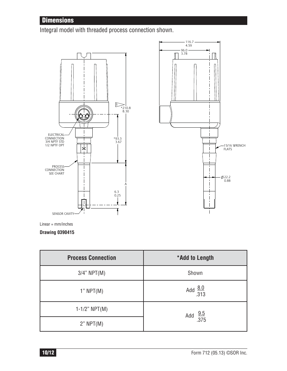 Dimensions | SOR Single Point Ultrasonic Level Switch User Manual | Page 10 / 12