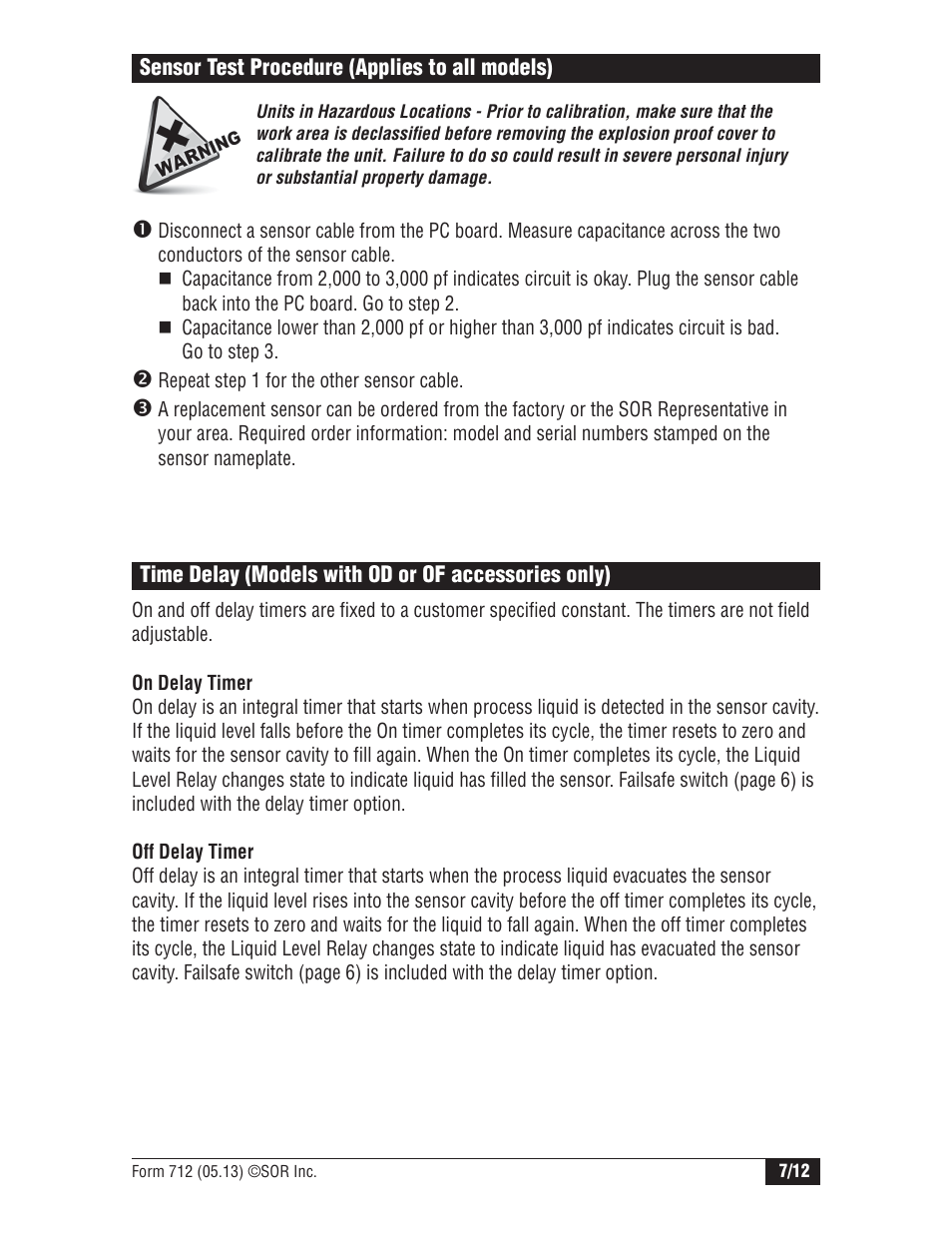 SOR Single Point Ultrasonic Level Switch User Manual | Page 7 / 12